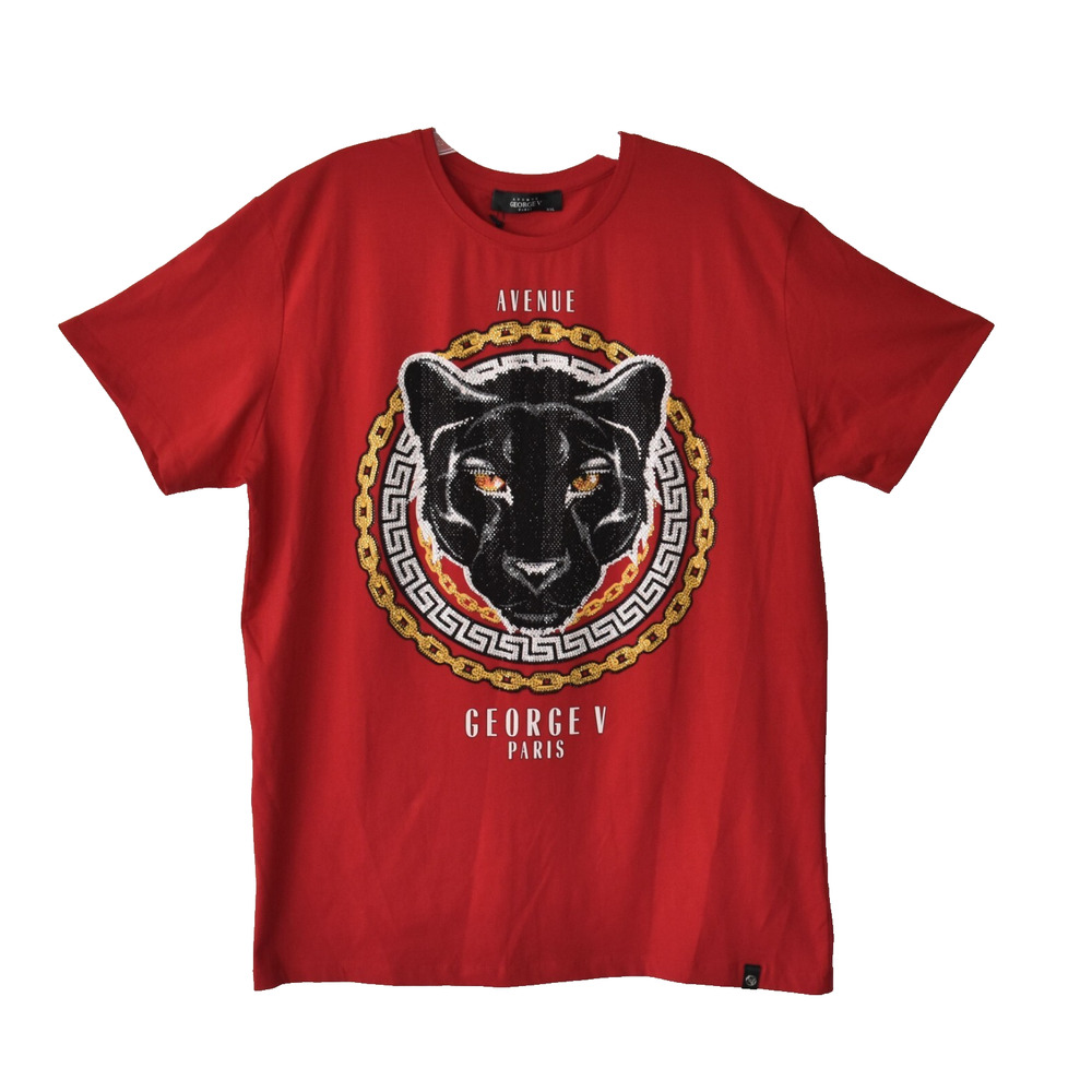 A9 NWT AVENUE GEORGE V Red Crystal Paved Panther Face T-Shirt Size XXL